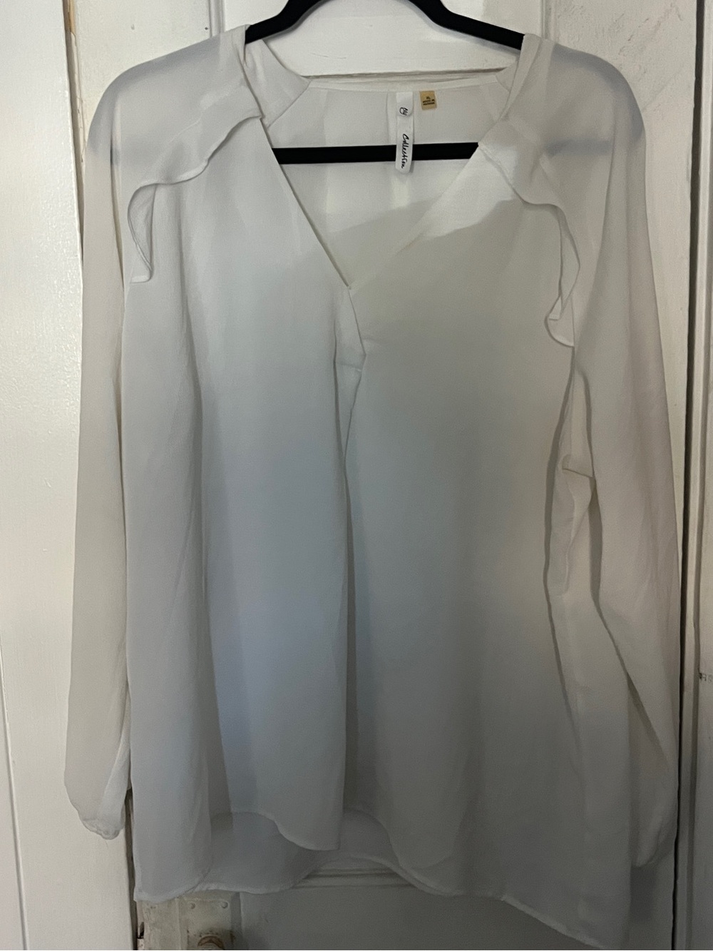 NY Collection White V-Neck Long Sleeve Chiffon Blouse